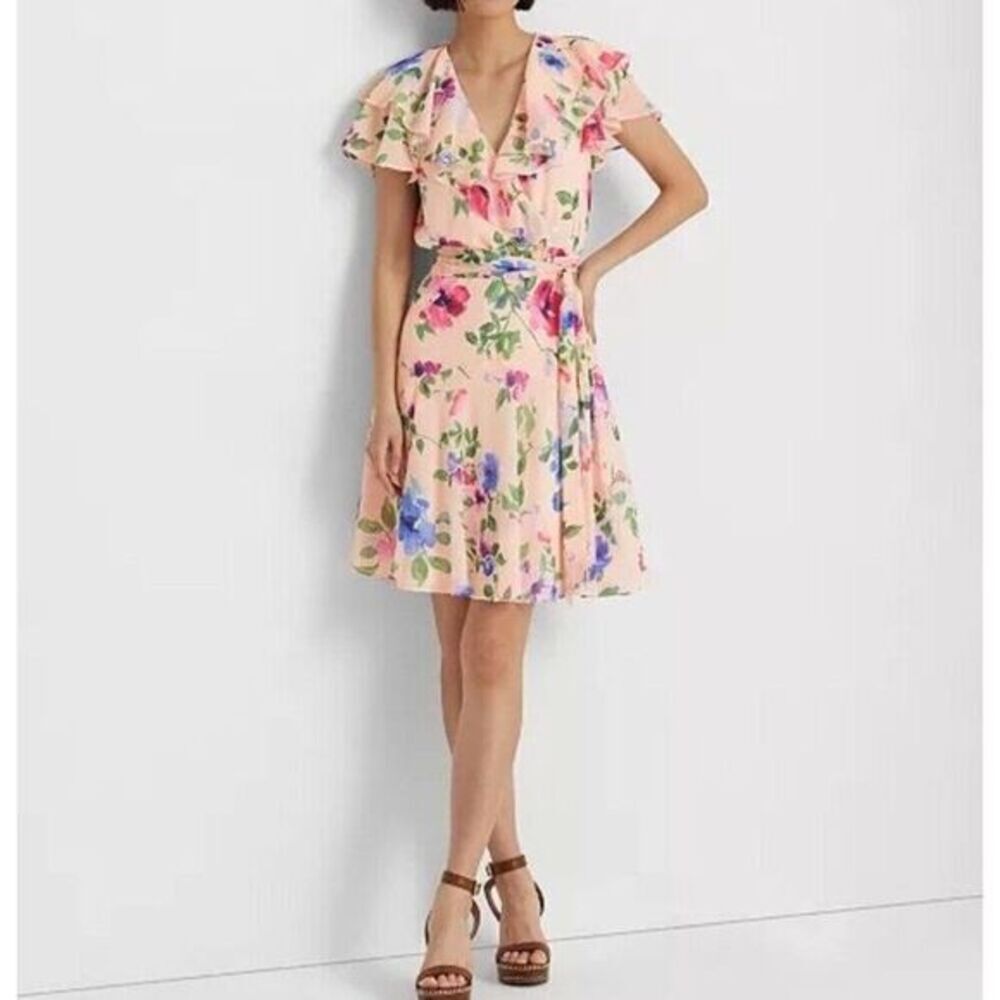 Ralph Lauren Ruffled Floral Fit Flare Pink Belted Georgette Dress Sz 8 NWT -$165